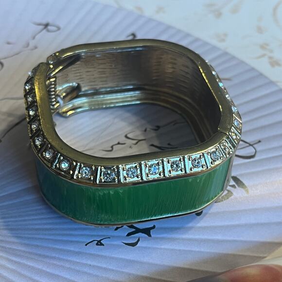 Vintage Green Enamel Gold Tone and Rhinestone Chunky Square Clamper Bracelet - Picture 1 of 8